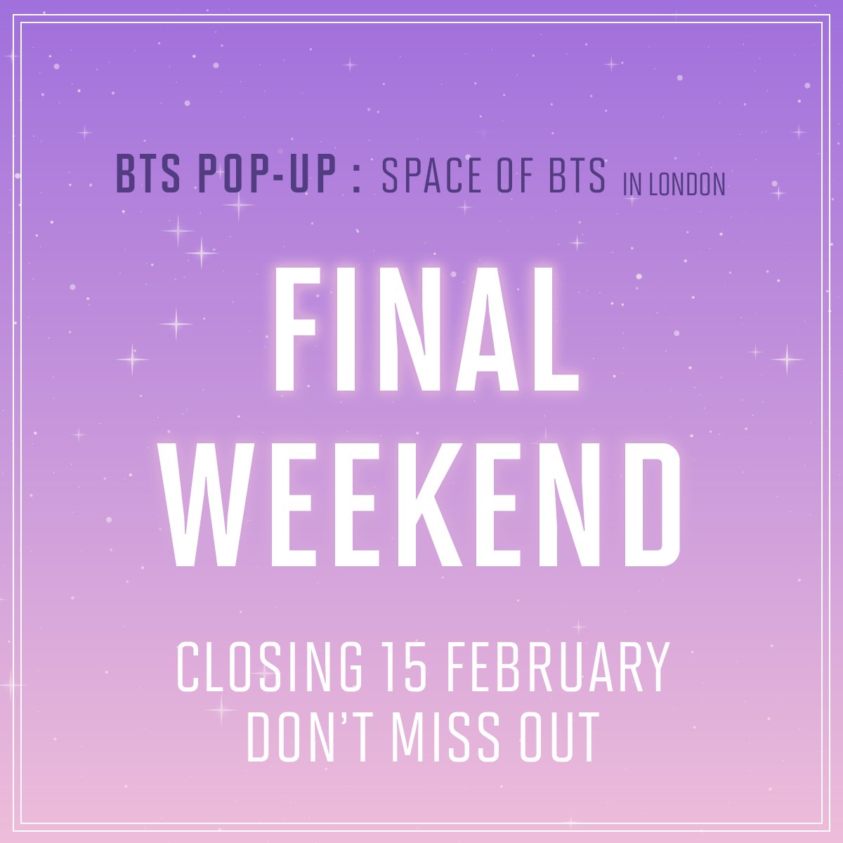KarnivalJoy's tweet photo. 📢Heading into the FINAL WEEKEND before the POP-UP leaves London! Don't miss out!
Come on down to the Icon Outlet at the O2 (no bookings necessary!) 

[LONDON — ICON OUTLET]
9 January - 15 February 2023

#BTS_POPUP
#BTS_POPUP_in_London https://t.co/QEXNk6It5h