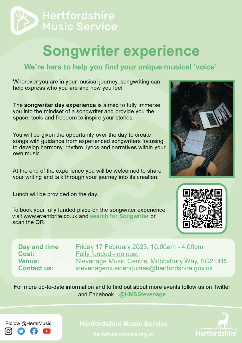 Know any budding songwriters? Sign up now for a FREE workshop day next Friday, 17th Feb! @HMSNorthHerts <a href="/HMSRoyston/">Royston Music School</a> @HMSBaldock @hertsmusic <a href="/ChangingTracks1/">ChangingTracks</a>