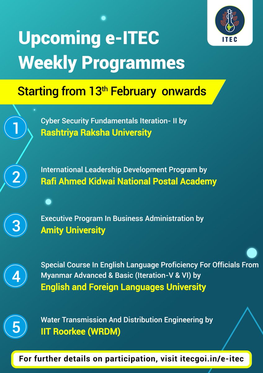 ITECnetwork's tweet image. Starting from 13th of Feb, #eITEC will offer a diverse range of courses aimed at empowering participants in various fields, from cyber security to business administration, leadership development to water transmission, and more.
itecgoi.in