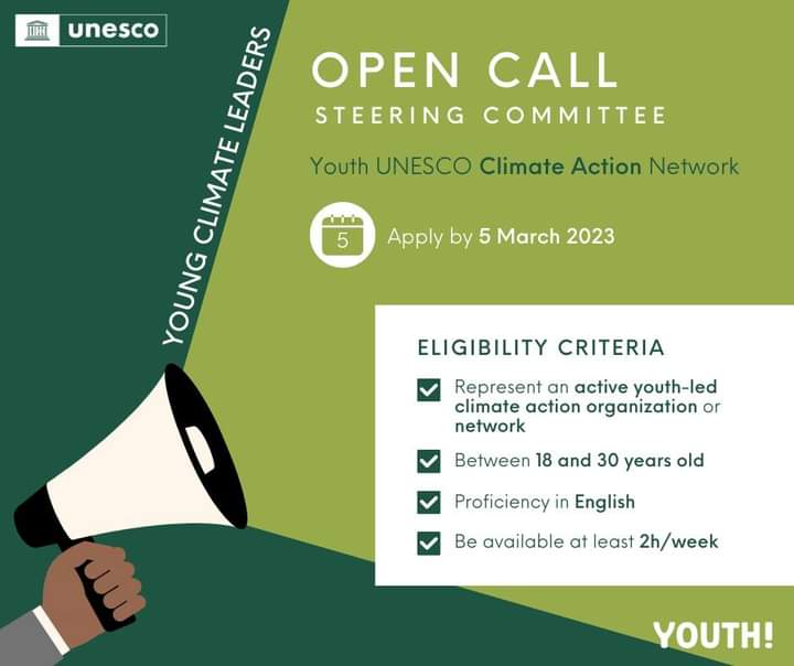 🚨OPPORTUNITY ALERT 🚨
The Youth UNESCO Climate Action Network (YoU-CAN) is calling for Steering Committee. This is a high youth level committee in advancing climate action.

Apply by 5 March through forms.office.com/e/7yFNsCyAq7
For more information check
urlz.fr/kIic