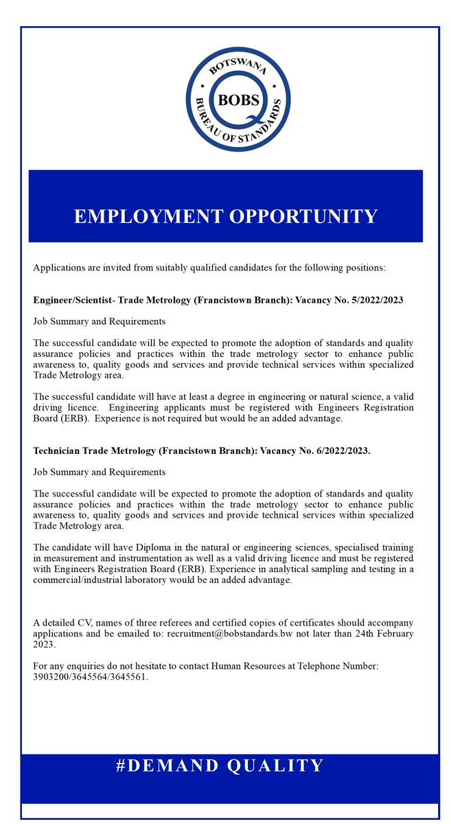 BobsMarketing's tweet photo. #EMPLOYMENT_OPPORTUNITIES.
Applications are invited from suitably qualified candidates for the attached positions. Deadline for submission of applications is #24th_February_2023.
#DemandQuality https://t.co/Stk1IyVrUg