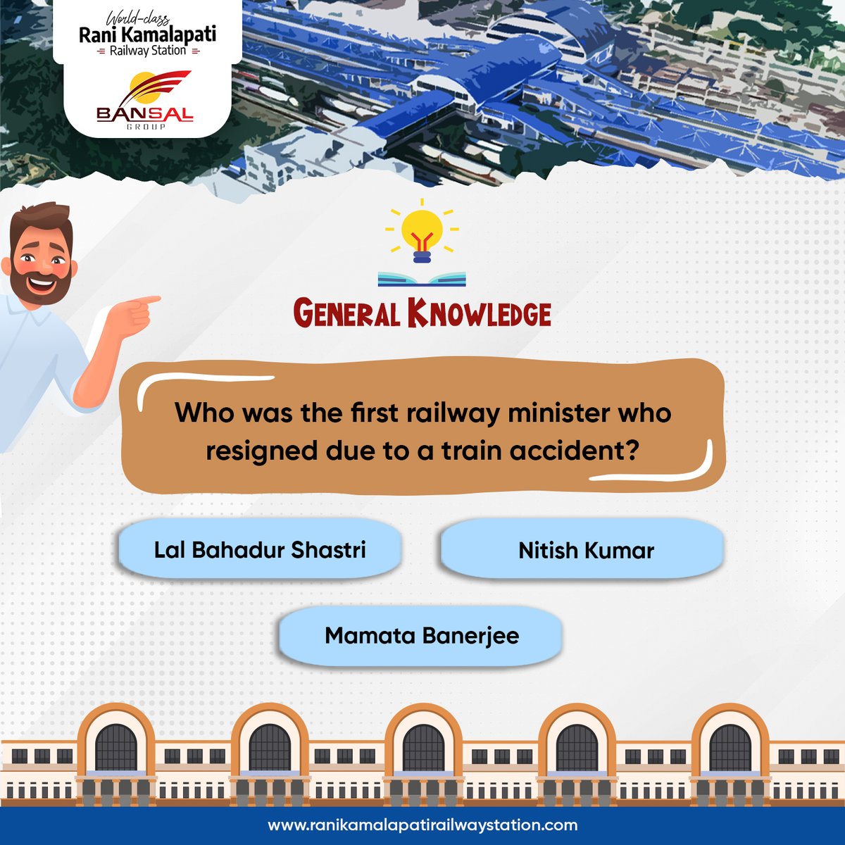 Let's see how many of you can answer this one! Comment your answers below...
.
#generalknowledgequiz #quiz #railwayquestions #brainexercise #railwayminister #train #RaniKamalapatiRailwayStation #WorldClassRailwayStation #Bhopal #BansalGroup