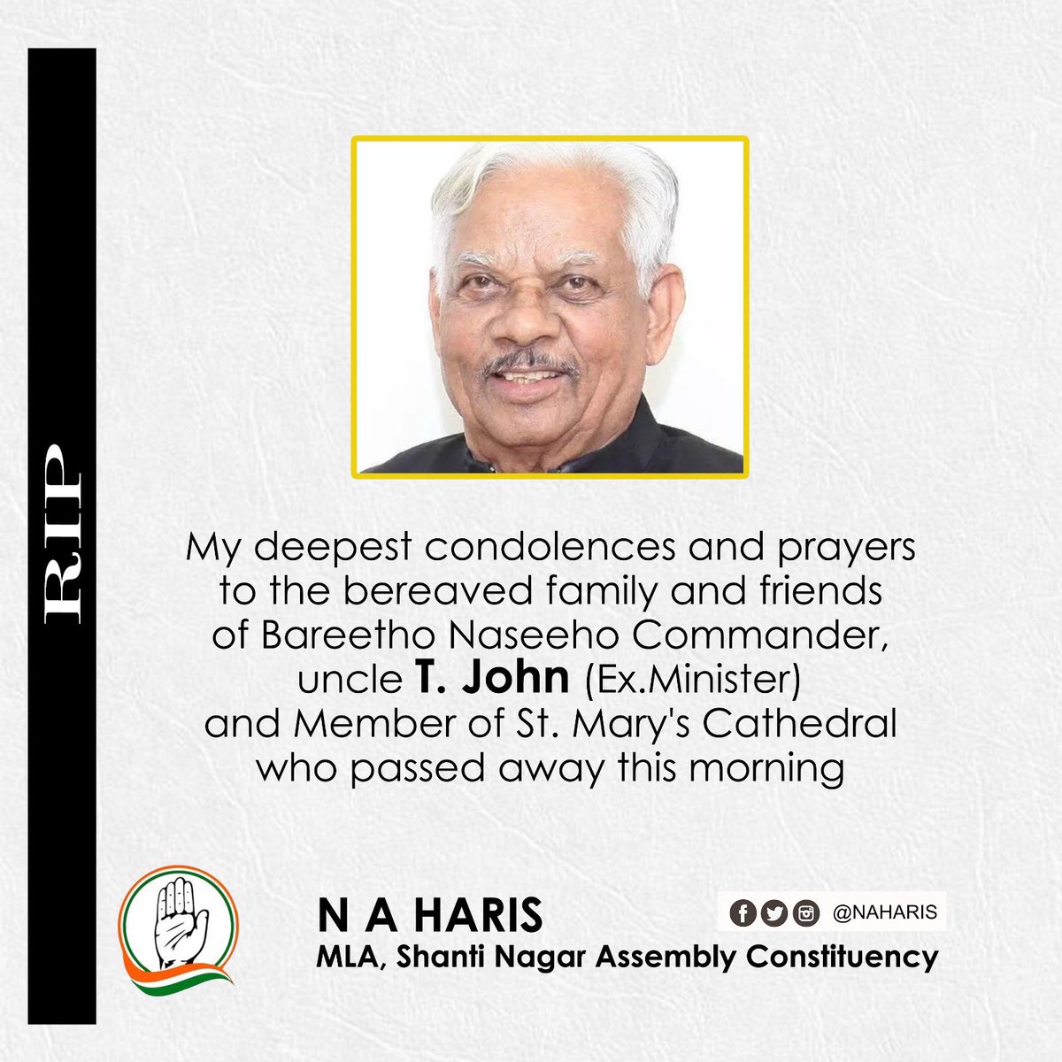 mlanaharis's tweet photo. My deepest condolences and prayers to the bereaved family and friends of Bareetho Naseeho Commander, uncle T. John (Ex.Minister), and Member of St. Mary's Cathedral who passed away this morning.
May his soul Rest in Peace. #TJOHN https://t.co/eEwEtZdAel