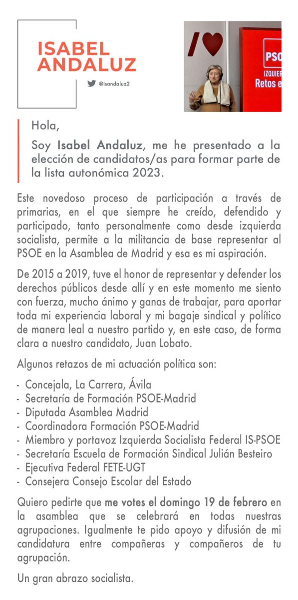 isandaluz2's tweet photo. En #psoe_m se ha iniciado la presentación de candidatas/os a las primarias de diputado/a a la Asamblea. Propuesta novedosa y democrática en la que creo, por ello, participo en el proceso y os pido el voto compañer@s @psoe_m @IS_PSOEMadrid para ir en lista 28-M con @juanlobato_es https://t.co/CT1rpr1qLE
