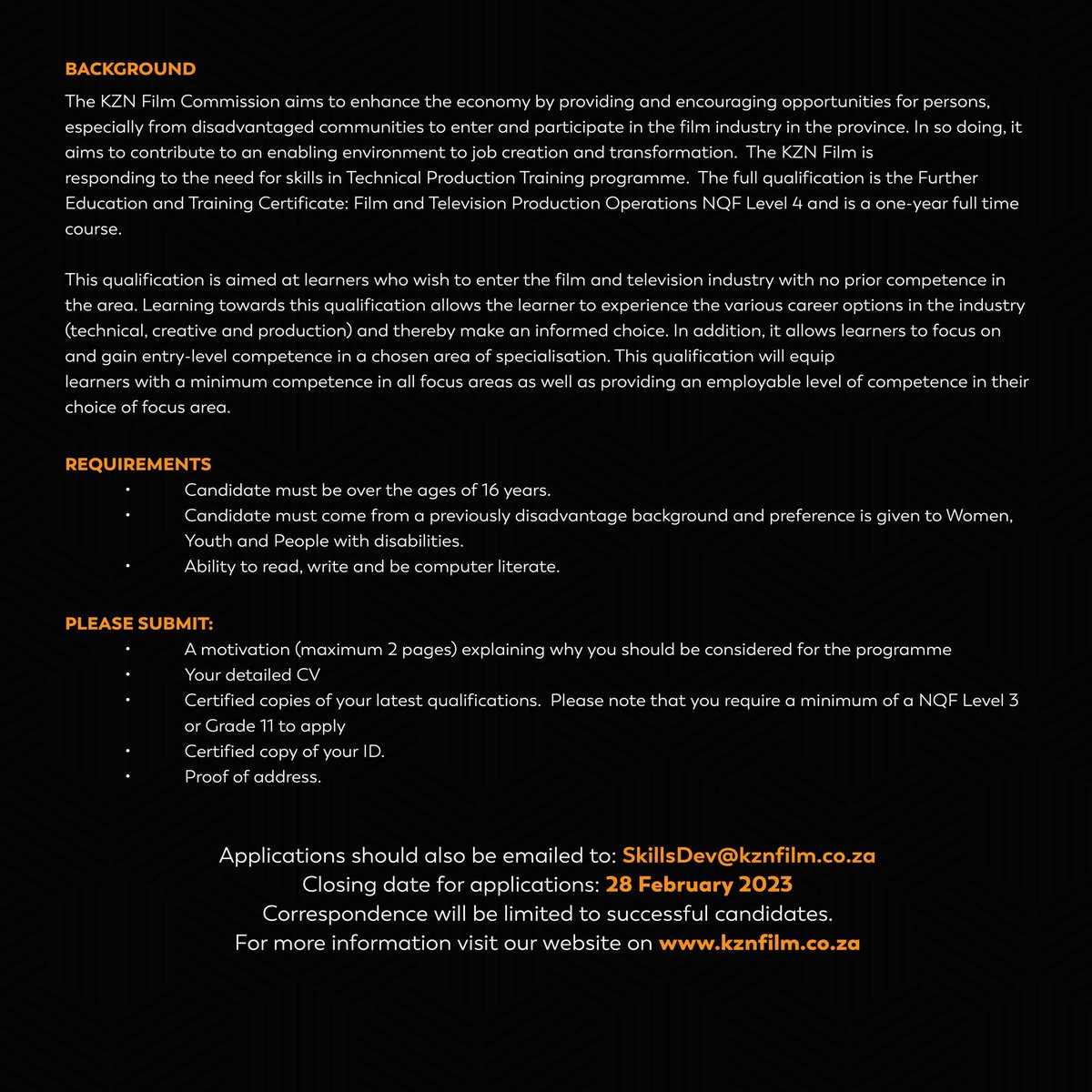 FilmInKZN's tweet photo. Applications for NQF Level 4 Film and Television Production Operations is now open. Please apply before the closing date:28 February 2023.
#KZNFilm
#NQFlevel4
#HarryGwala https://t.co/zLDt5eHzkA