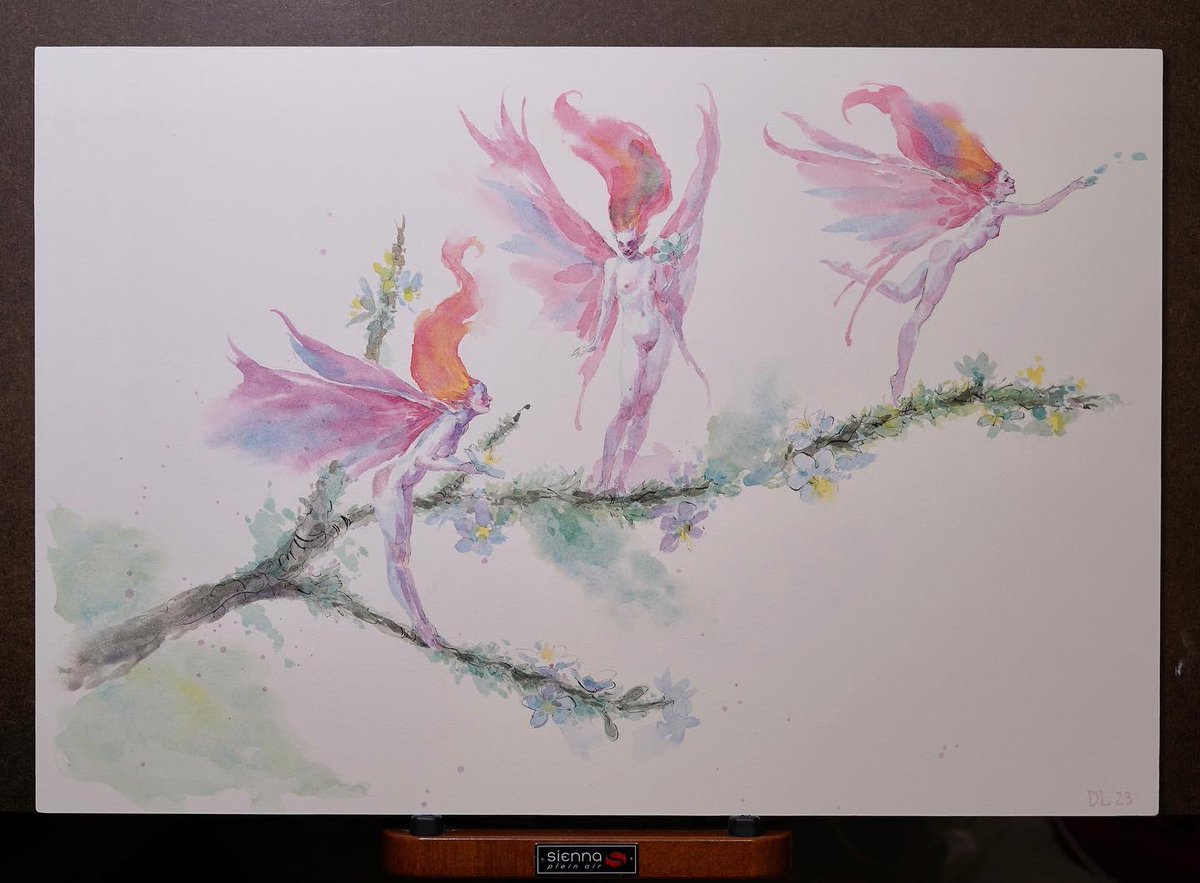 DanielLanderman's tweet photo. So here’s the finish of the small doodle from before. 15”x22” #watercolor and #ink on hot press wc paper mounted on acm panel. #Faeries #fairies #folklore #landerman #art #HumanArtists #painting #drawing https://t.co/jx5SfvEWLR