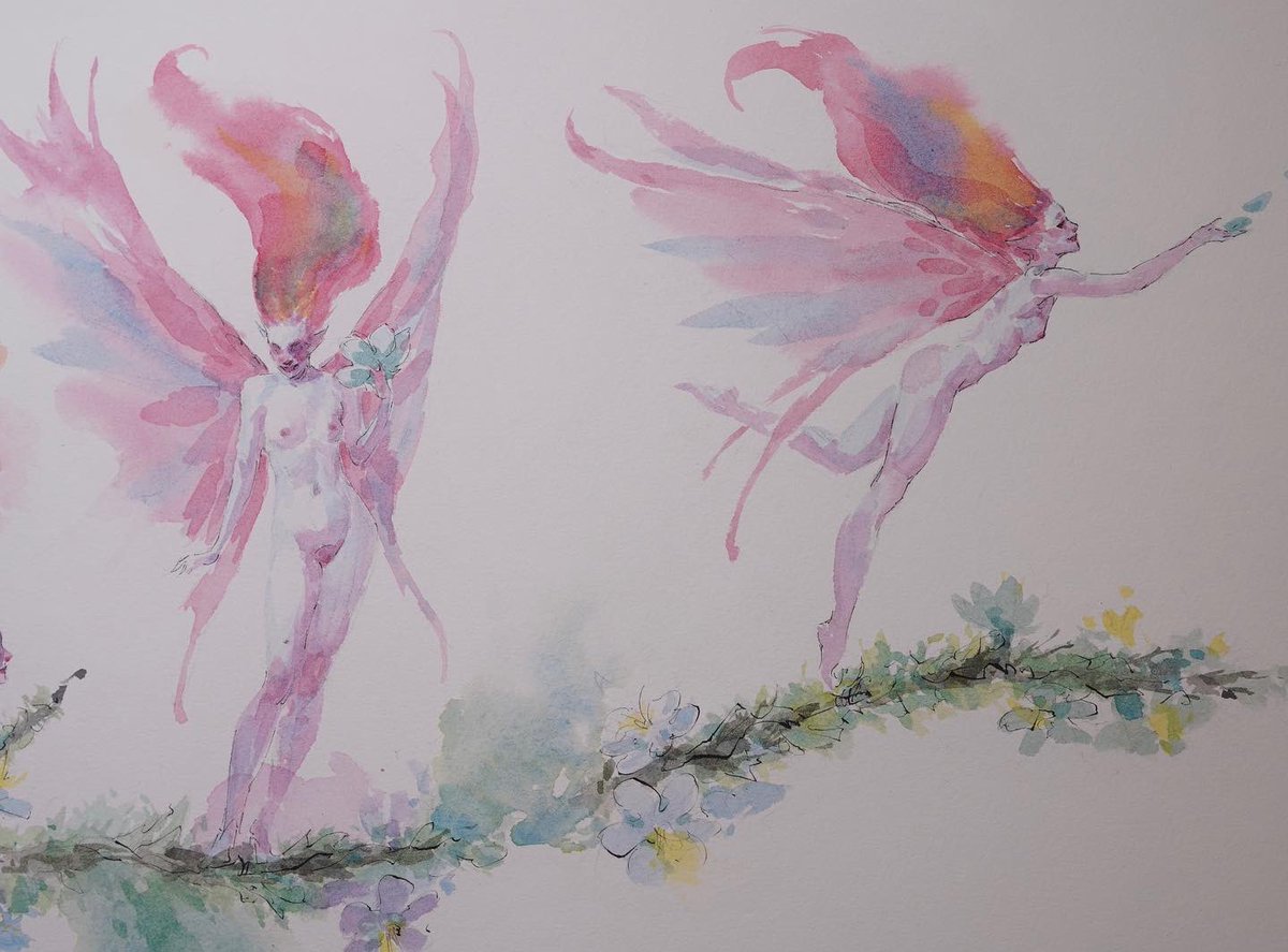 DanielLanderman's tweet photo. So here’s the finish of the small doodle from before. 15”x22” #watercolor and #ink on hot press wc paper mounted on acm panel. #Faeries #fairies #folklore #landerman #art #HumanArtists #painting #drawing https://t.co/jx5SfvEWLR