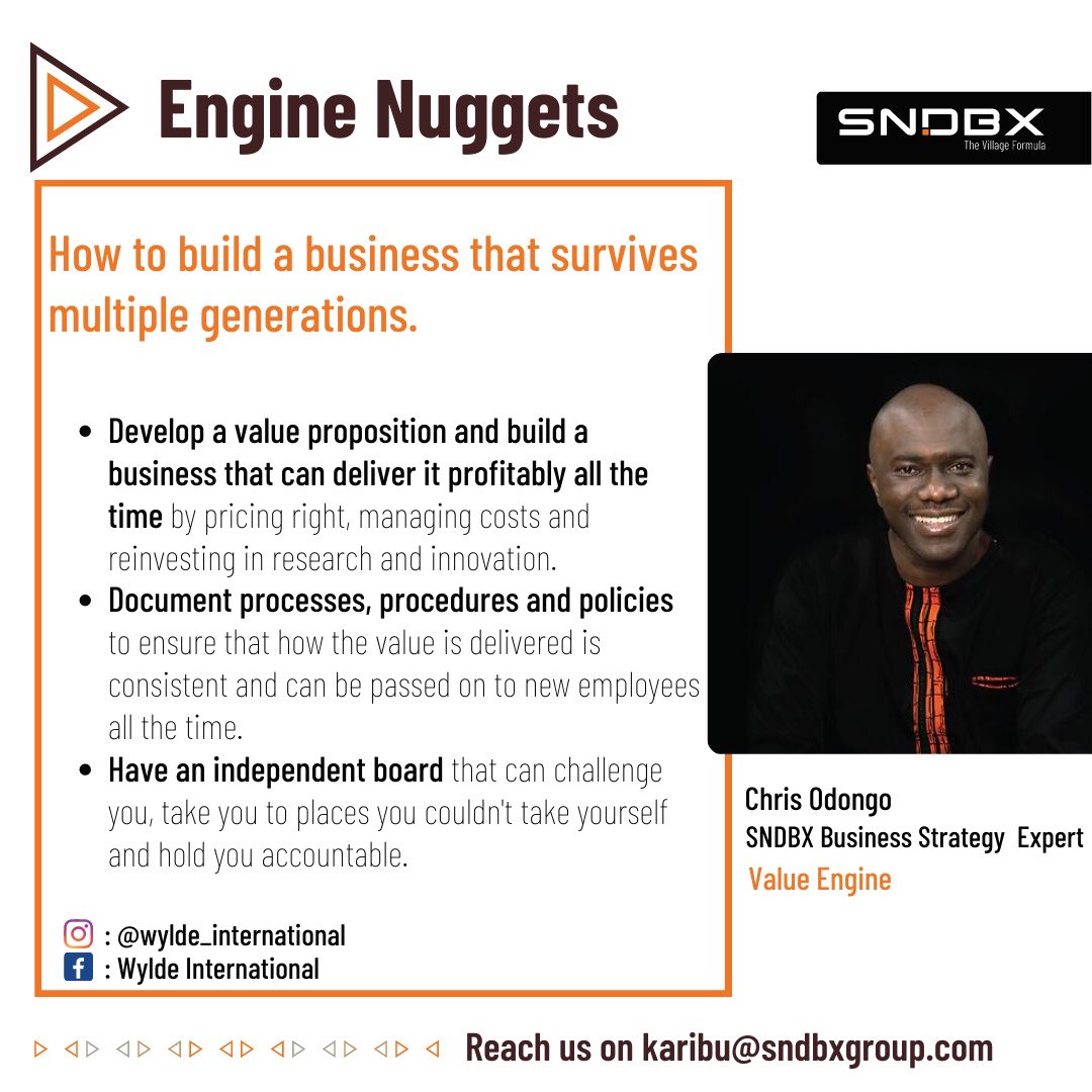 SNDBXKe's tweet photo. Want to build a business that survives multiple generations?

SNDBX Business Strategy expert @odongochris of @WyldeInt shares some ways you can do that. 

For these and more reach him on karibu@sndbxgroup.com

#valueengine #sndbx #smegrowth https://t.co/B3tzvGZMvw