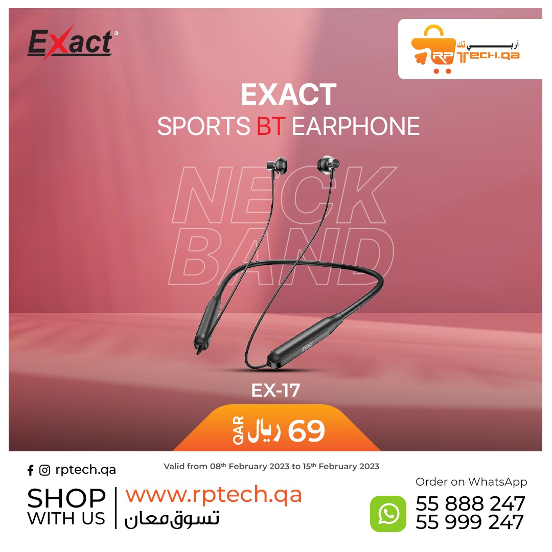 Comfortable, secure, and convenient. These earphones have it all! EXACT Sports BT Earphone.

#earphones #Exact #qatar #Bluetooth #qatarliving #sportsearphone #neckband #NeckbandEarphones #rptech #comfort #mobileaccessories #qatarshopping