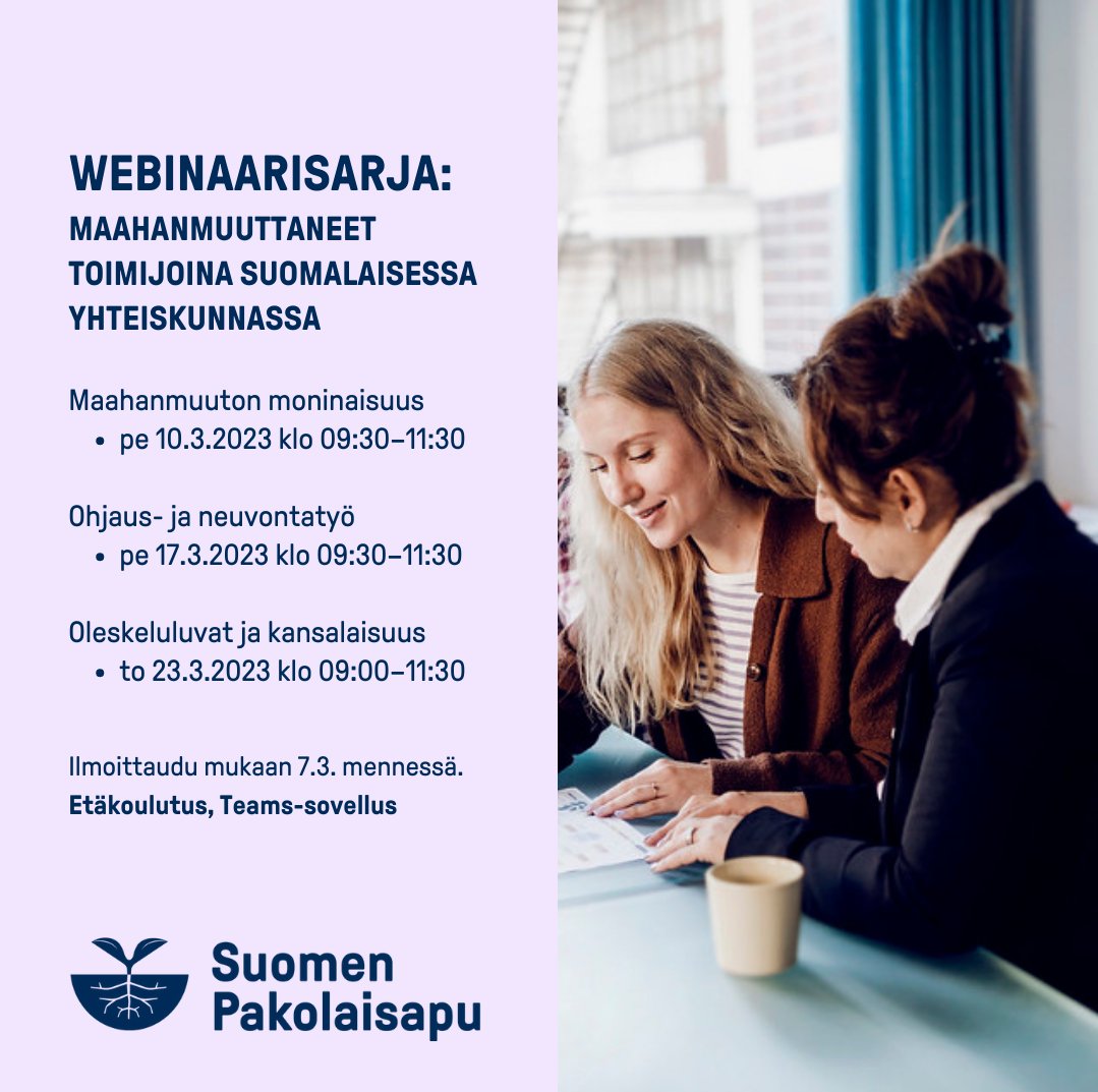 💡 Maahanmuuttaneet toimijoina suomalaisessa yhteiskunnassa -webinaarisarjassa Suomen Pakolaisavun ja Maahanmuuttoviraston asiantuntijat pureutuvat maahanmuuton teemoihin eri näkökulmista. 

👉 Lue lisää ja ilmoittaudu mukaan viimeistään 7.3. pakolaisapu.fi/event/maahanmu…
