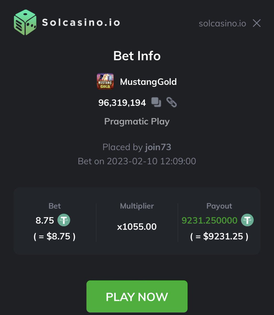 8.75 $USDT to 9231 $USDT 🥵🥵

1055x

how did you do this bro lol

Congratulations! join73 has won $9231.2500 worth of $USDT in Mustang Gold with a multiple of 1055.00!
Play Mustang Gold (solcasino.io/game/9474) Now.