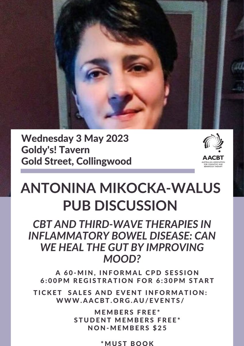 Preview of new event

@AntMikocka presents on CBT and IBD - full details via bit.ly/Vic_Pub_IBD

Can CBT play a role in supporting people living with inflammatory gut conditions such as Crohn’s and ulcerative colitis?

Seats are extremely limited

Wednesday 3 May 2023