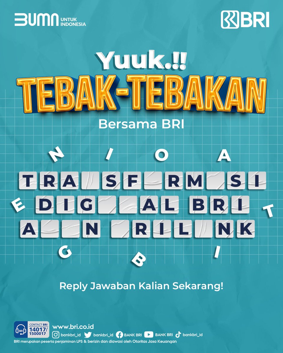BANKBRI_ID's tweet photo. YUK, kita main tebak-tebakan!

Reply jawaban kalian yaaa supaya kalian bisa lebih untung!

#BRI https://t.co/QHByQfv9kM