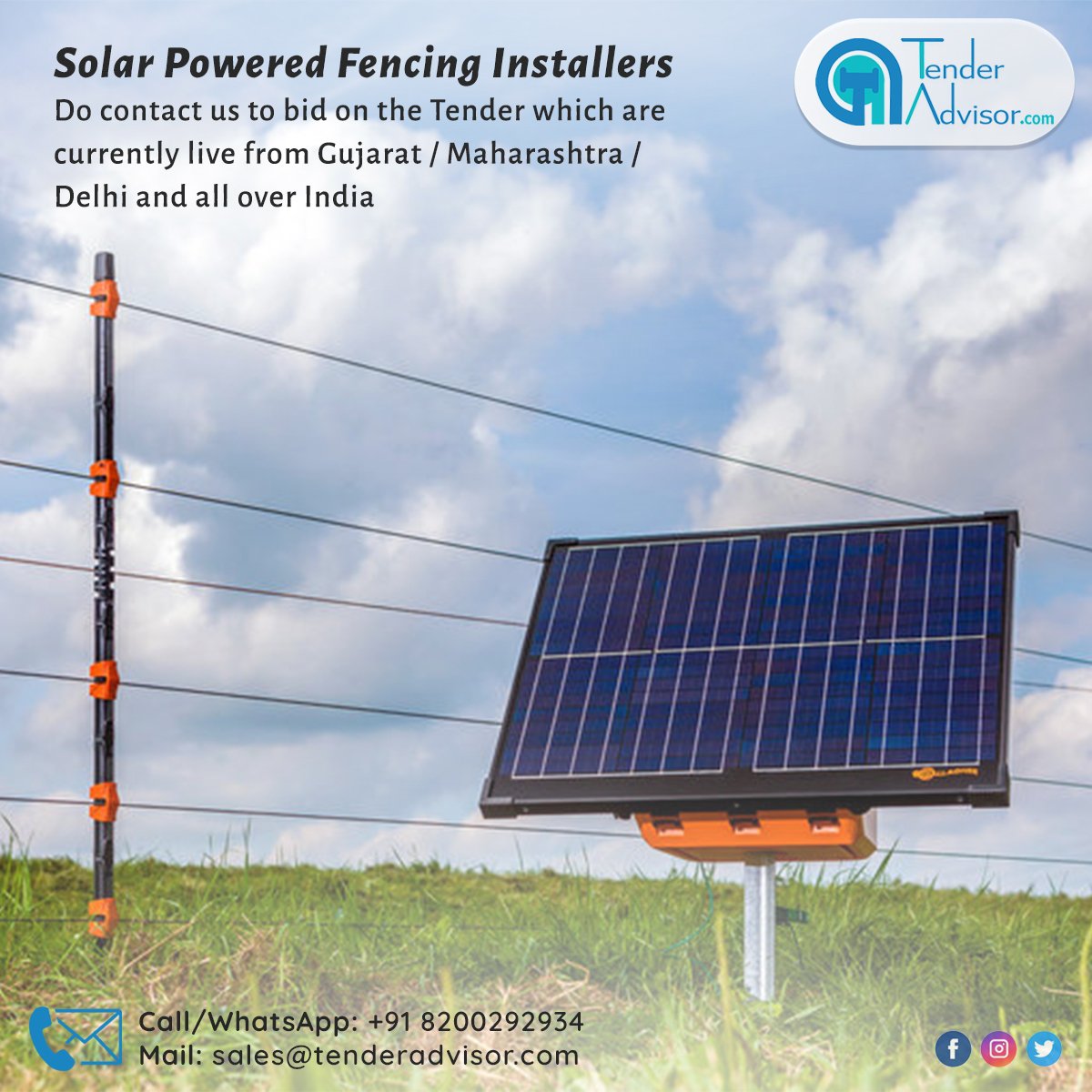 Solar Powered Fencing Installers
Do contact us to bid on the Tender which are currently live from Gujarat / Maharashtra / Delhi and all over India

Do Contact/Whatsapp on +91 6358864196
tenderadvisor.com

#tenderadvisor #solarpower #fencingcontactor #fencinginstallation