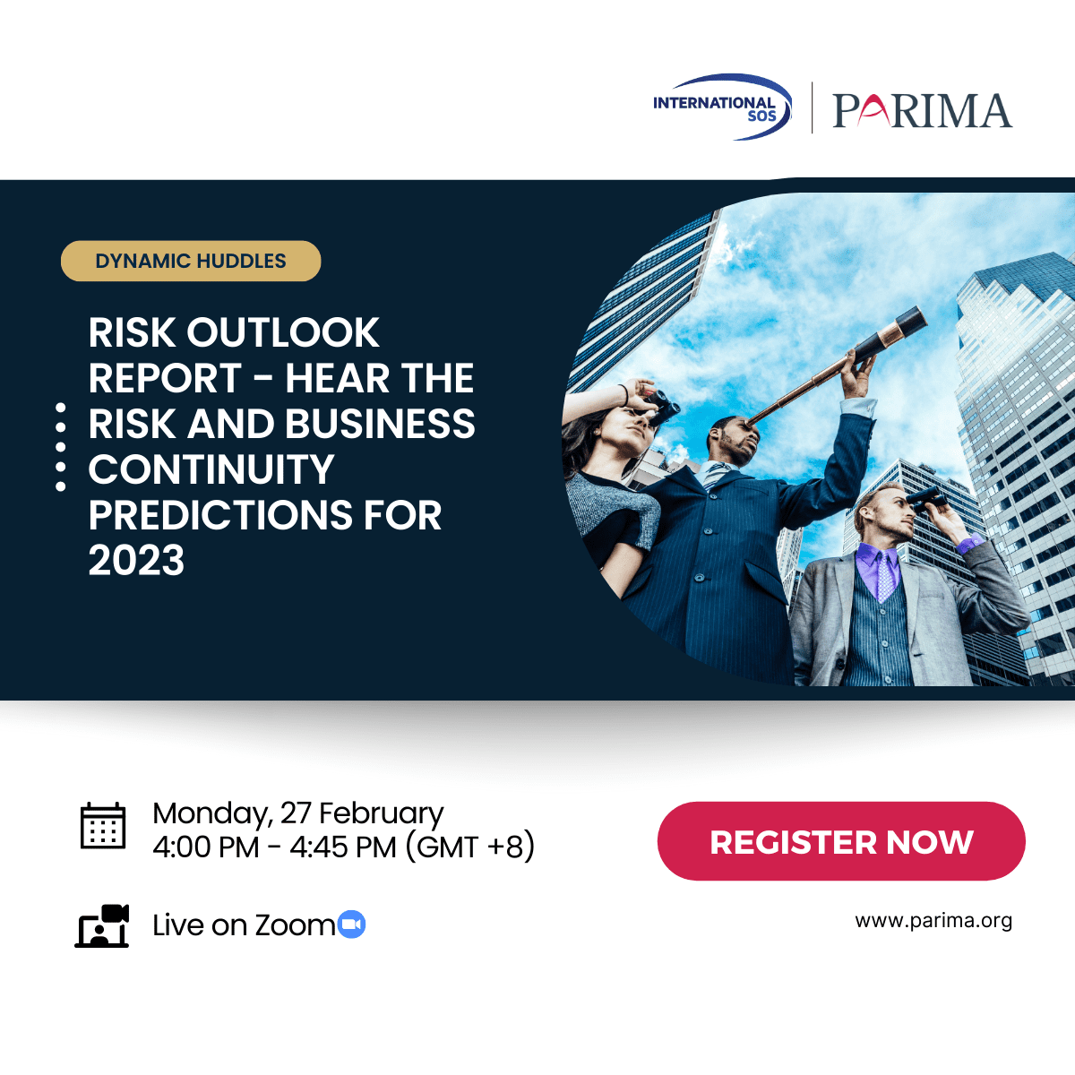 PARIMAorg's tweet photo. Join our first #DynamicHuddles for the year as we analyse the results of the Risk Outlook 2023 report and an in-depth review of the trends likely to impact #employee health and safety.

Sign up today! https://t.co/ksFEXssi5X

#PARIMA2023 #riskmanagement #RiskOutlook2023 https://t.co/rvAYd2Ijbv