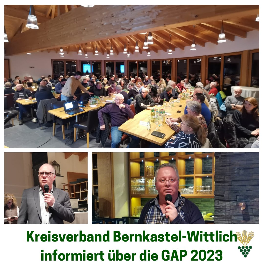 BWV_NET's tweet image. Der KV Bernkastel-Wittlich konnte mit den Referenten Arno Grün (DLR Eifel) und Rainer Neukirch (Kreisverwaltung Wittlich) weit über 100 interessierte Mitglieder über die Neuigkeiten zur GAP 2023 informieren. Der BWV versucht, so seinen Mitgliedern bestmöglich Auskunft zu geben.