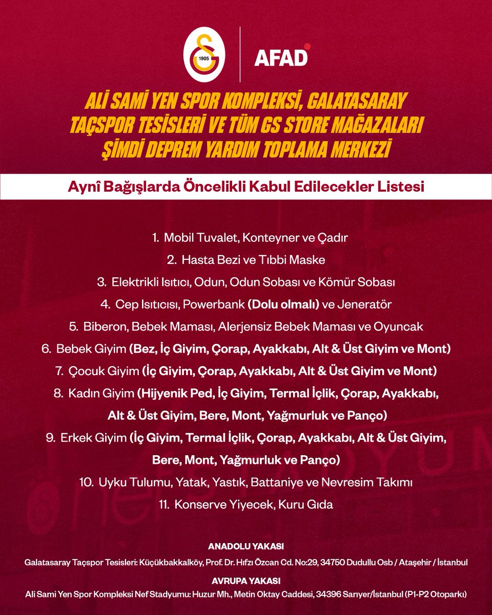 Galatasaray Spor Kulübü olarak, depremden etkilenen tüm vatandaşlarımızın yanındayız.

Herkesi yardım kampanyamıza desteğe davet ediyoruz! ❤️🤍

ℹ️ Sağlık ve hijyen kuralları gereği yardım merkezlerimize hiç kullanılmamış, sıfır ürünlerin getirilmesini önemle rica ederiz.