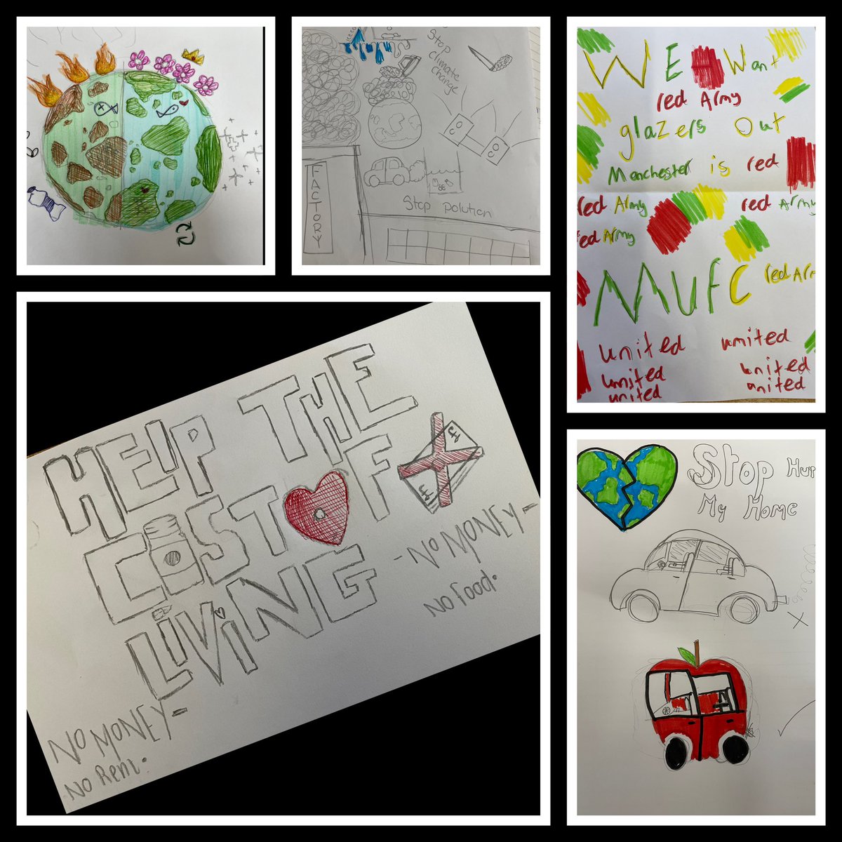 This week year 9 have been learning about protesting and righteous anger. These are some examples of what they would protest about <a href="/ASCC_RE/">Mrs Rutter</a> @allsaintsccduk #ClimateCrisis #CostOfLivingCrisis #pollution