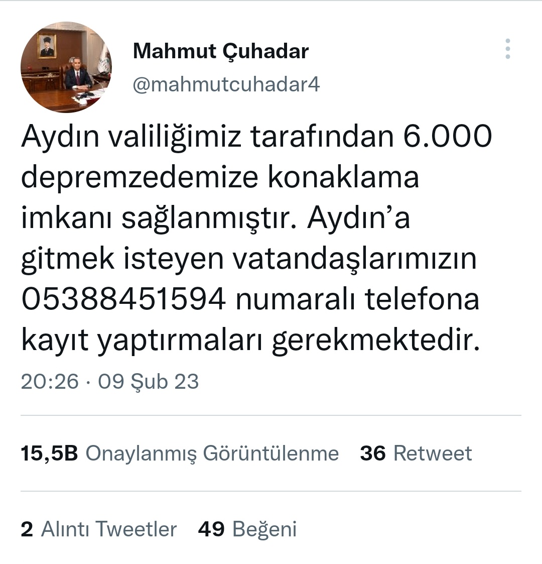 melgrgn256's tweet photo. Sayın @mahmutcuhadar4 Eminim ki güzel memleketim @AydinValiligi @AydinBuyuksehir  @OZLEM_CERCIOGLU  ve tüm Aydın halkı deprem mağduru kardeşlerimize gerekli özeni, nezaketi, insanlığı gösterecektir https://t.co/e7dYqw0GtC