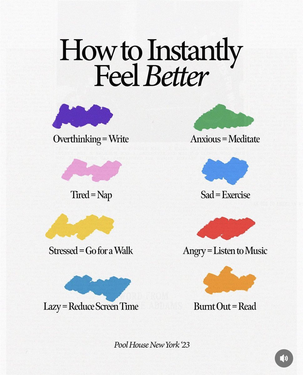 Eng_afternoonz's tweet image. How to รู้สึกดีขึ้น เวลาที่…
คิดเยอะ &amp;gt;&amp;gt; ไปเขียน
กังวัล &amp;gt;&amp;gt; นั่งสมาธิ
เหนื่อย &amp;gt;&amp;gt; ไปนอน
เศร้า &amp;gt;&amp;gt; ออกกำลังกาย
เครียด &amp;gt;&amp;gt; ออกไปเดินเล่น
โมโห &amp;gt;&amp;gt; ฟังเพลง
ขี้เกียจ &amp;gt;&amp;gt; ลดจอ
เบิร์นเอาท์ &amp;gt;&amp;gt; หาอะไรอ่าน