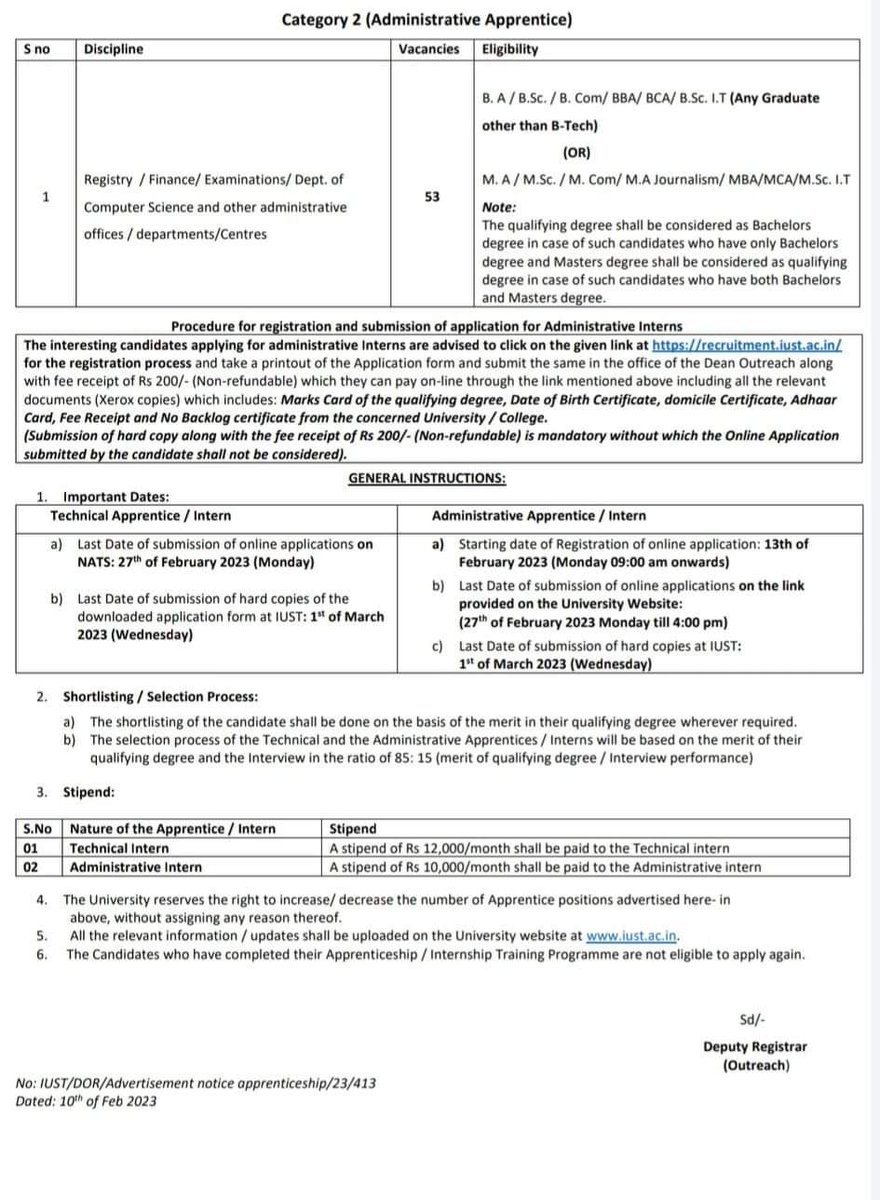 IUST invites online applications from eligible graduates from various recognized Universities / institutions within India as #Apprentices for undergoing one-year #Apprenticeship training programme under the Apprentices (Amendment) Act 1973.