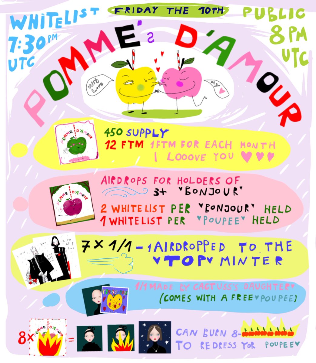Pomme D'Amour

Feb 10th @ 8pm UTC (7:30pm WL)

12FTM - 450 Supply

7 x 1/1s - 1 Airdropped to the top minter!

1/1 by <a href="/cactussart/">Cactuss🥖</a> daughter (comes with free poupee)

pommedamour.netlify.app

Lets get into the spirit of LOVE $FTM #NFTCommunity #NFT #ValentinesDay