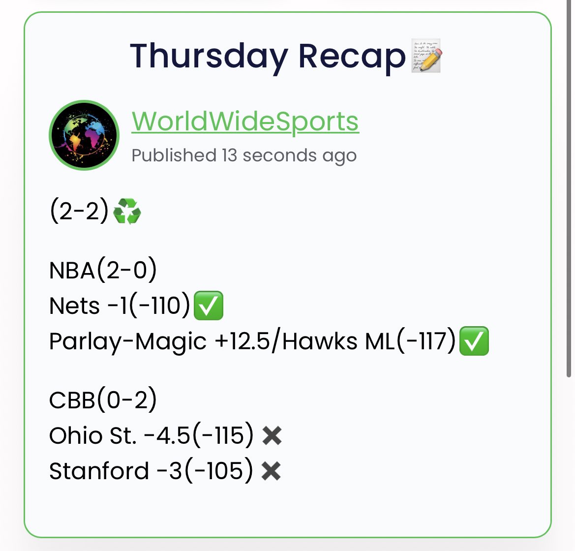 Thursday Recap📝

(2-2)♻️

College basketball didn’t go well today..

We are on a (17-0) NBA run. Have not lost in the association last 7 days💰

#GamblingTwitter🍀