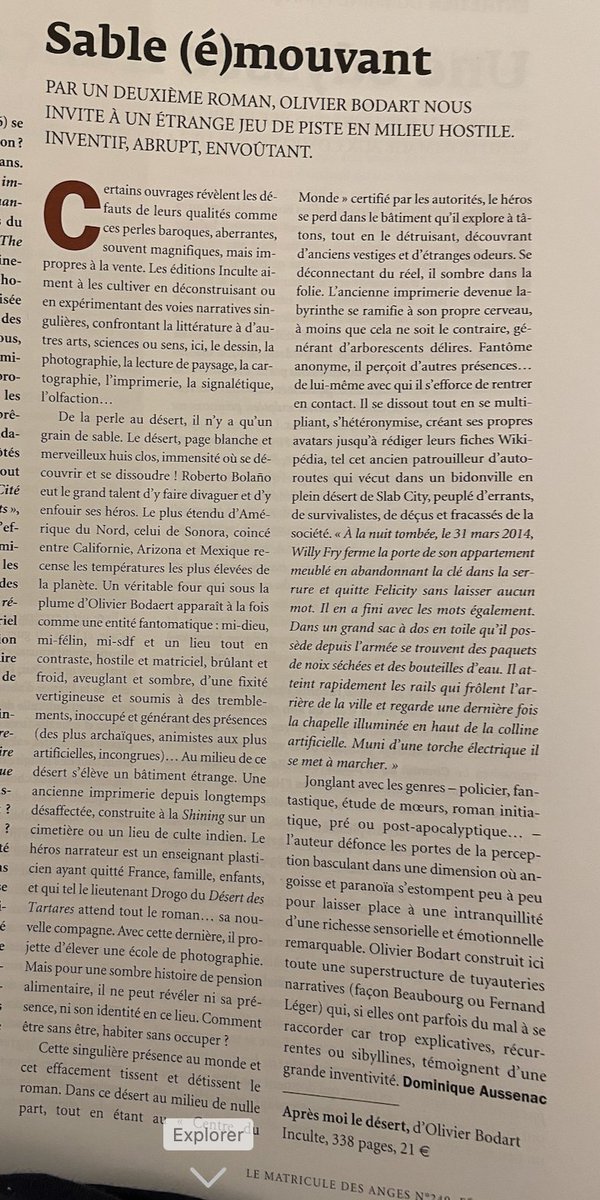 Claro4C's tweet photo. Un article dans Le Matricule des Anges sur "Après-moi le désert", d'Olivier Bodart: https://t.co/QfYm9q7iQm