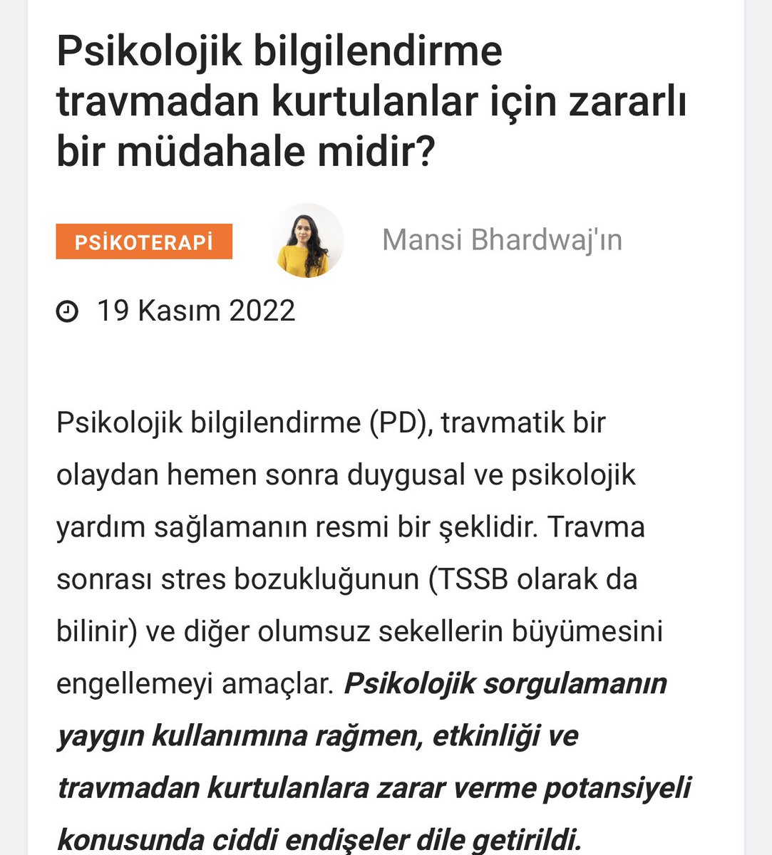 rmznaydnpdr's tweet photo. “Psikolojik Debriefing” ZARARLI…

Değerli meslektaşlarım bilimsel çalışmalarda etkisi olmadığı ve bireylere zarar verebileceği ile ilgili sonuçlar var. O yüzden bilimsel etkisi ve güncel olmayan yöntemleri afetlerde kullanmayalım ve afet eğitiminde anlatmayalım. Aksi takdirde ++ https://t.co/eWKWPbNdWU