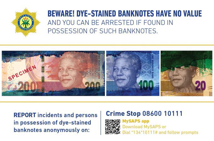 Abramjee's tweet image. #DailySafetyTip •Never accept stained bank notes as they have likely been discoloured from ink dye used in security devices such as ATMs •Report any person in possession of these notes to #CrimeStop on 08600 10111 or #MySAPSApp. @SAPoliceService