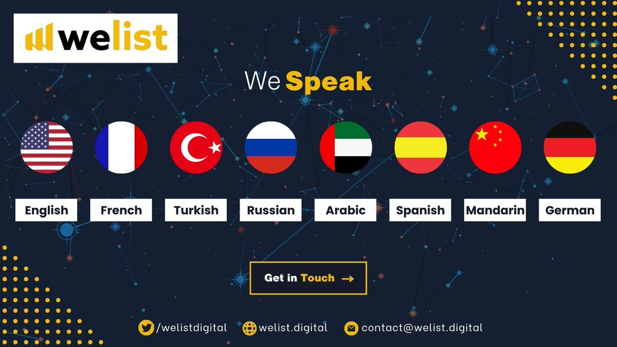 welistdigital's tweet photo. Going #global has never been easier with #WeList. Speak to us in your language! We support English, French, Turkish, Russian, Arabic, Spanish, Mandarin, and German. Get expert #crypto advice no matter where you are. #MultiLingual #GlobalSupport https://t.co/sX8N1qqOJn