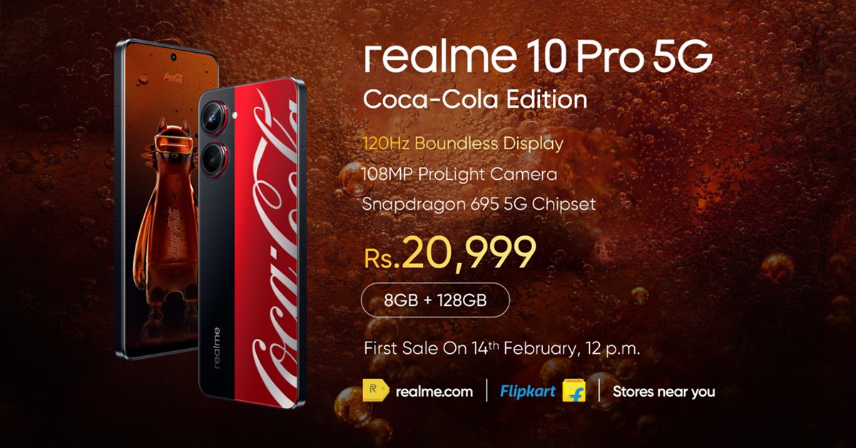realmeIndia's tweet photo. And here you have it, the world’s first ever Coca-Cola smartphone. Presenting the #realme10Pro5GCocaColaEdition at 20,999/- The first sale goes live on 14th Feb, 12 PM. But wait, there’s a flash sale too!  
#CheersForReal

Join the livestream - https://t.co/aedgi4lUqD https://t.co/k5LqUOxjFd