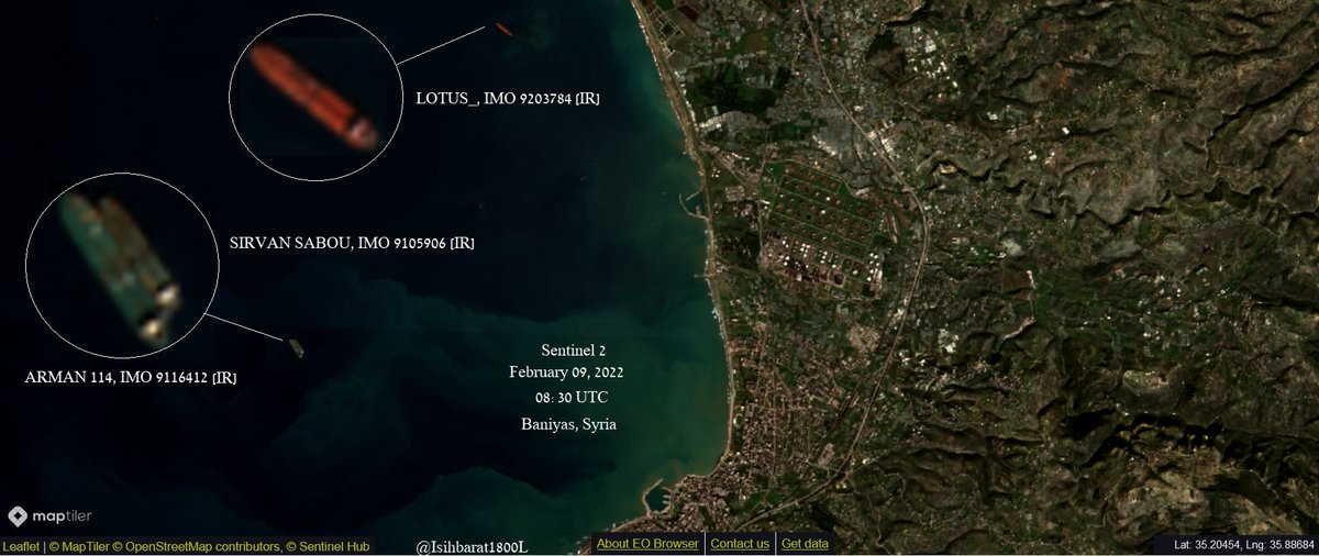 Istihbarat1800L's tweet photo. LOTUS_ Crude Oil Tanker,#IMO9203784
SIRVAN SABOU-Crude Oil Tanker, #IMO9105906
ARMAN 114-Crude Oil Tanker,#IMO9116412
Iranian Oil Tankers activity in the Baniyas,Syria
Spotted on Sentinel 2,February 09,08:30 UTC
AZARGOUN, Container Ship,#IMO9283019
Still anchoring at Port Said. https://t.co/JaLwps4JAN