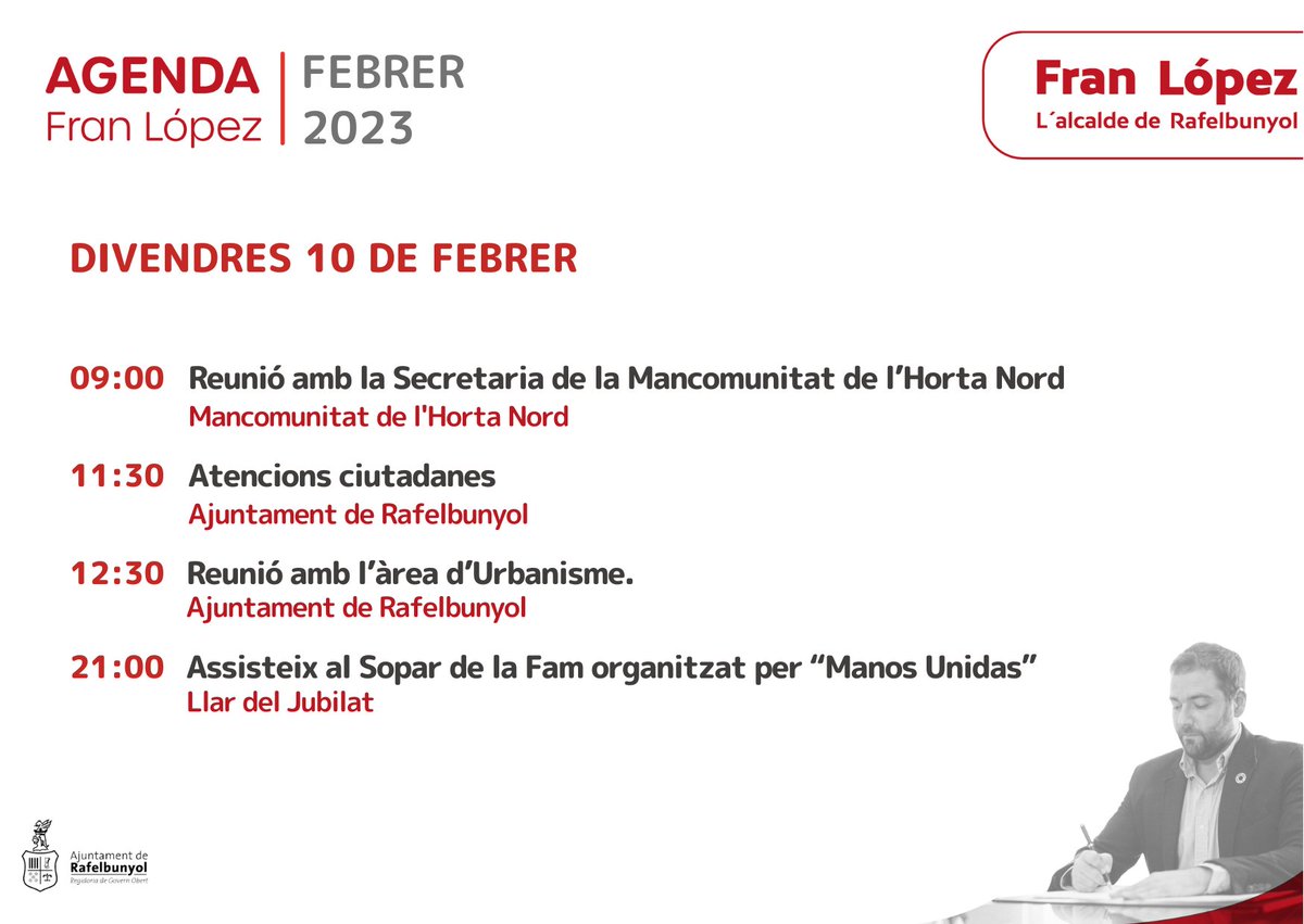 Rafelbunyol_Ajt's tweet photo. ☀️🗓️ Vos deixem l'agenda de l'alcalde, @franlopezlo per a hui divendres, 10 de febrer
#Agenda #AlcaldeRafelbunyol #rafelbunyol #10Febrer https://t.co/gUxwUxtAKN