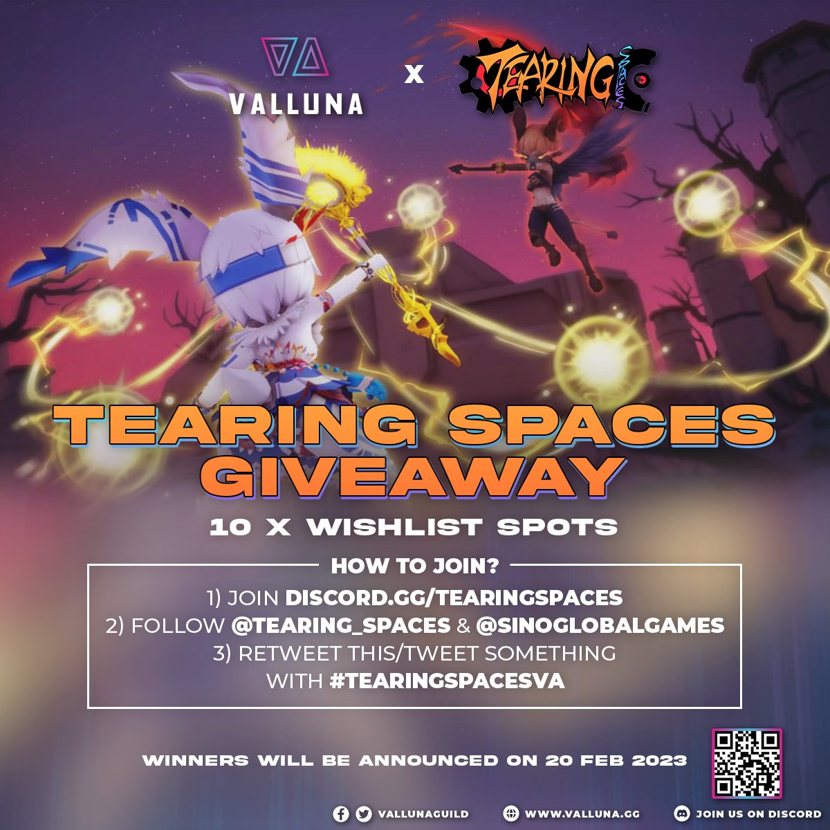 🤝Partnership &amp; #Giveaway🎉
Valluna x Tearing Spaces

🎁10x WL for #FreeMint #PFP 

How to enter: 
1️⃣Join discord.gg/tearingspaces
2️⃣Follow <a href="/Tearing_Spaces/">Tearing🏹Spaces</a> &amp; <a href="/SinoGlobalGames/">SGG</a> 
3️⃣RT this/Tweet something with #TearingSpacesVA