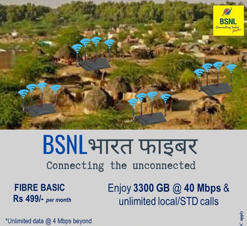 Subscribe #BSNL #BharatFibre #FiberBasic plan & enjoy #UnlimitedCalls & #UnlimitedData @ Rs 499/- per month. 
Book Now - bit.ly/bookbsnlftth 
#Internet4All #ConnectingTheUnconnected #DigitalIndia
@BSNL_HP