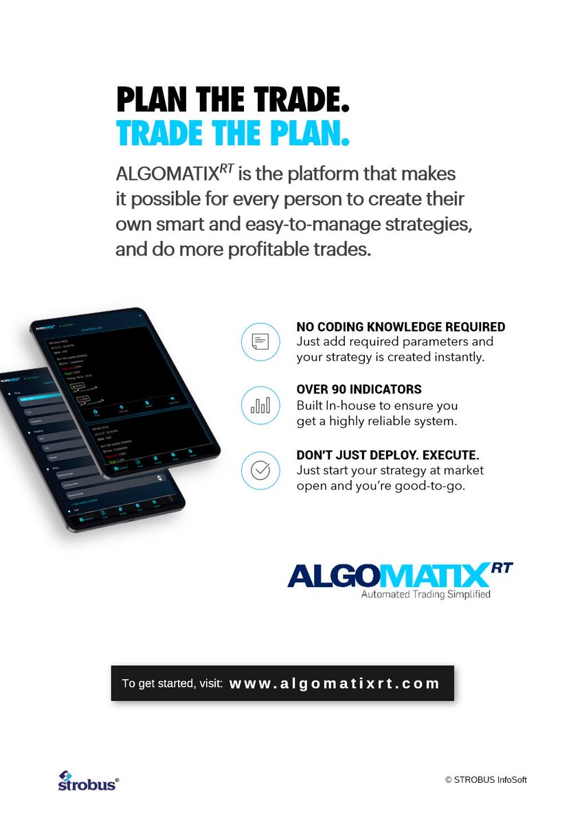 Plan the Trade.
Trade the Plan. Create #SmartTrading &amp; do more #ProfitableTrades
#Trading #AutomatedTrading #AlgoTrading #AlgoStrategies #Strategies #Equities #Derivatives #Algorithms #Stocks #Indicators #StrategyPlatform #SaaS #AutomatedTradingSimplified 
algomatixrt.com