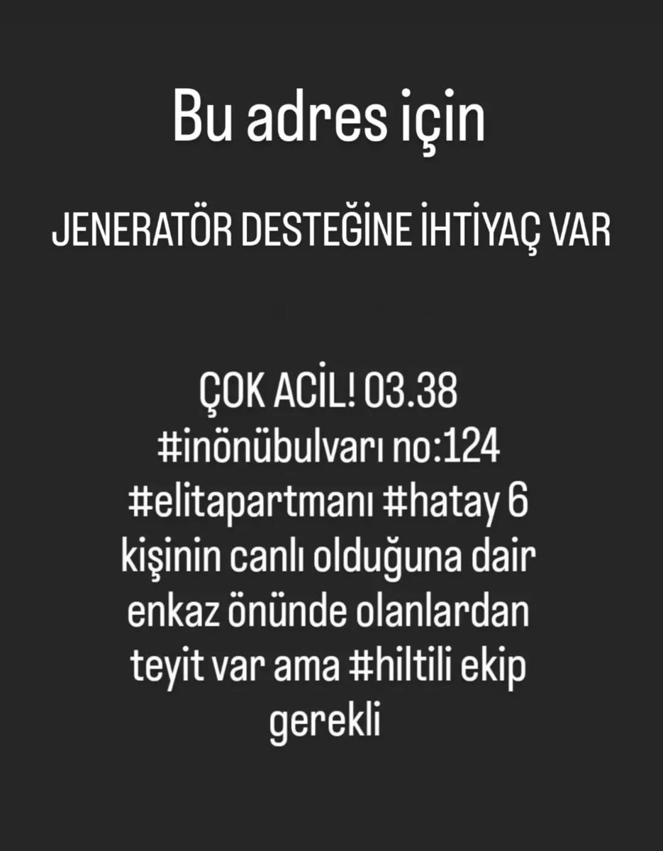 Tatlısusolcusu (@mrymates) on Twitter photo Ekinci mahallesi, hilti geldi 5ten beri çalışıyorlar fakat jeneratöre ihtiyaç var. Lütfen sesimizi duyun. <a href="/haluklevent/">Haluk Levent ( Ahbap Ekibi )</a> <a href="/BabalaTv/">BaBaLa TV</a> <a href="/OguzhanUgur/">Oğuzhan Uğur</a> <a href="/danlabilic/">.</a> <a href="/barisatay/">Barış Atay</a> Ekinci mahallesi, hilti geldi 5ten beri çalışıyorlar fakat jeneratöre ihtiyaç var. Lütfen sesimizi duyun. <a href="/haluklevent/">Haluk Levent ( Ahbap Ekibi )</a> <a href="/BabalaTv/">BaBaLa TV</a> <a href="/OguzhanUgur/">Oğuzhan Uğur</a> <a href="/danlabilic/">.</a> <a href="/barisatay/">Barış Atay</a>