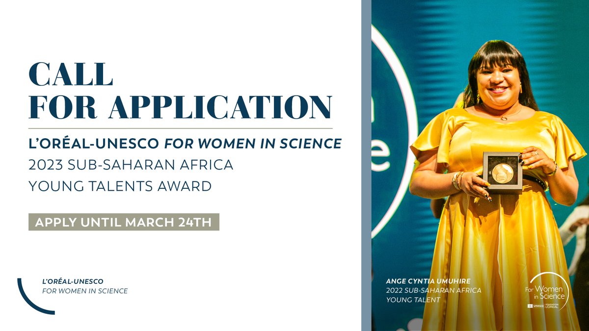 CynthiaUmuhire's tweet photo. #@FondationLoreal #FondationLOréal
Applications for the L'Oréal-@UNESCO Subsaharan
Africa 2023 Young Talents Award are open!
As a 2022 winner, I'm delighted to highlight this award which recognizes  the excellence of African women scientists
https://t.co/HmWdb7qiaK
show/66 https://t.co/ymlysyFwU4
