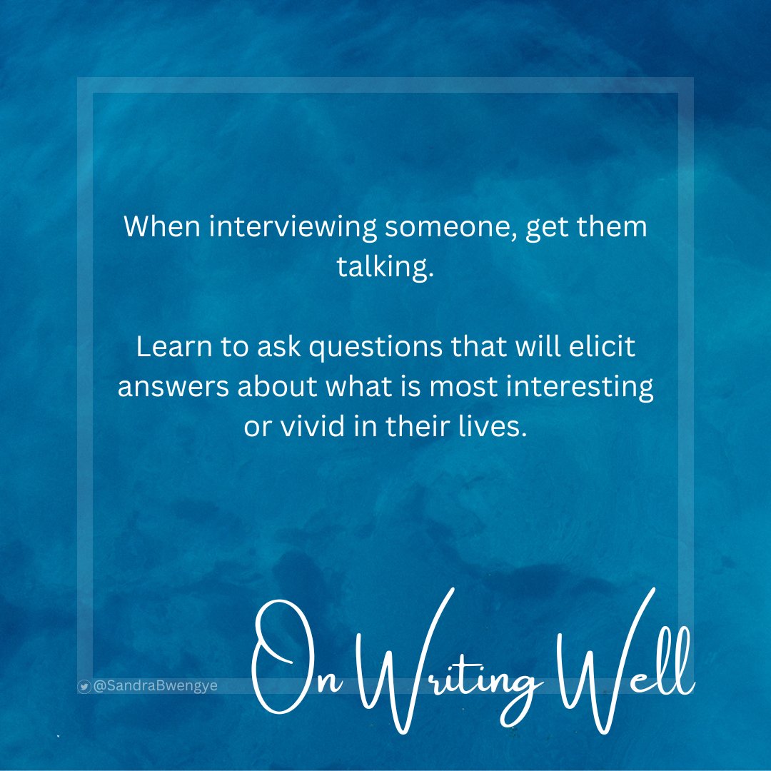 SandraBwengye's tweet photo. #OnWritingWell
Interviewing is one of those skills you can only get better at.
Much of the skill is mechanical. The rest is instinct - knowing how to make the other person relax, when to push, when to listen and when to stop. This can all be learned with experience.
#Writing https://t.co/yfFP54TAVx