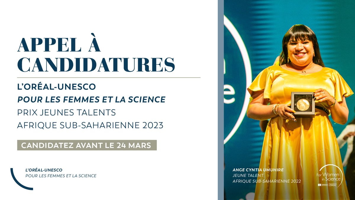 CynthiaUmuhire's tweet photo. #@FondationLoreal #FondationLOréal
Les candidatures pour le Prix Jeunes Talents Afrique Subsaharienne 2023 L'Oréal-@UNESCO sont ouvertes! 
Gagnante de l'année 2022, je suis ravie de mettre en avant ce prix qui récompense les femmes africaines.
https://t.co/HmWdb7qiaK
show/66 https://t.co/SX4xub9Idt