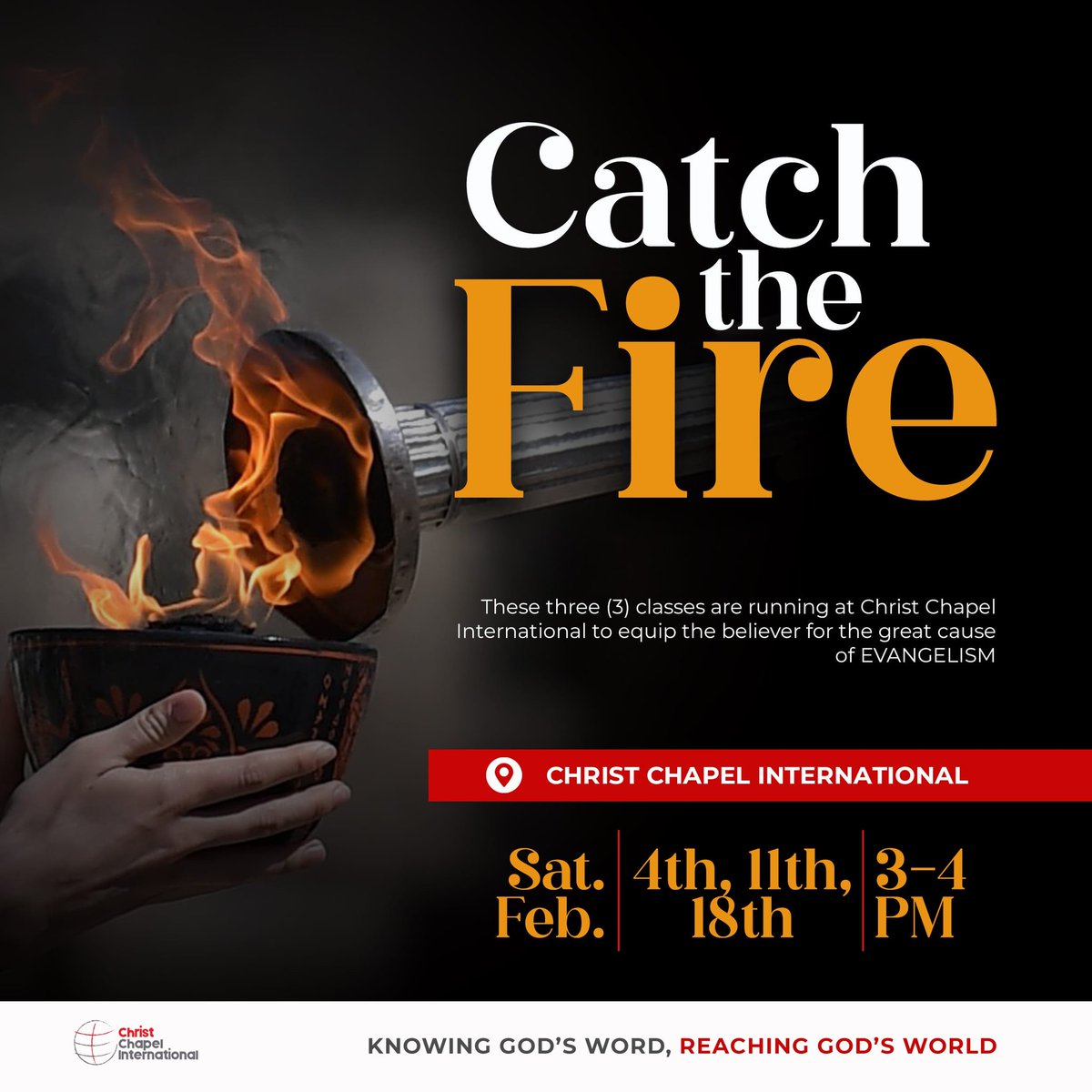 ChristChapelIn3's tweet photo. Have you reached anyone with the gospel? Do you find it challenging to share Christ with the world?

Catch the Fire is back tomorrow! Saturday, February 11th from 3 PM to 4 PM EAT. https://t.co/qN5LG5XOmG
