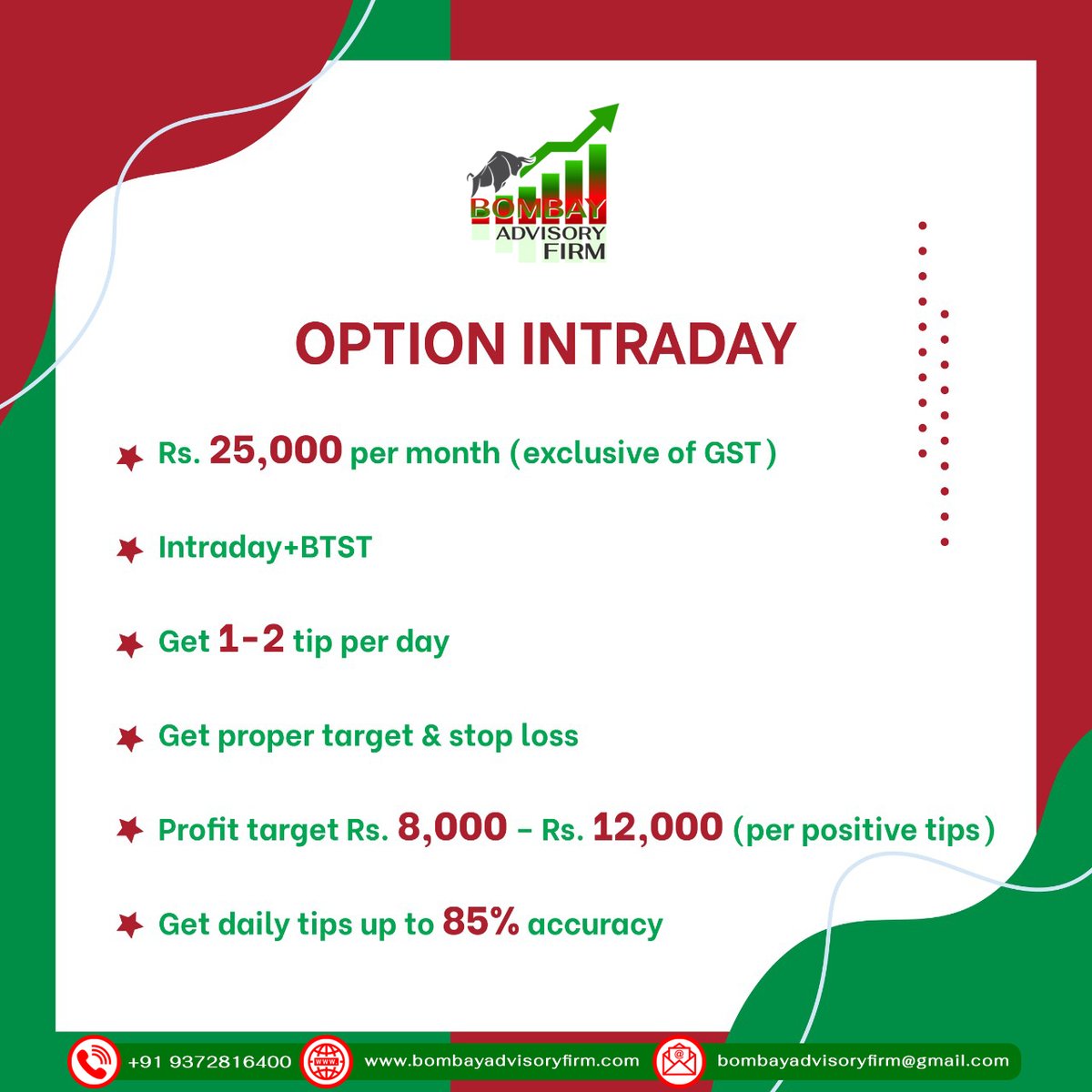 BAF_India's tweet photo. Our service is always available to boost your earnings. Find out how Intraday+BTST offers a highly accurate earnings opportunity for all traders, both new and experienced.
.
.
.
.
#intradaytrader #stockmarketindia #intradaytips #mumbaiadvisoryfirm #intraday #sharemarkettips https://t.co/GC0sHOanqR