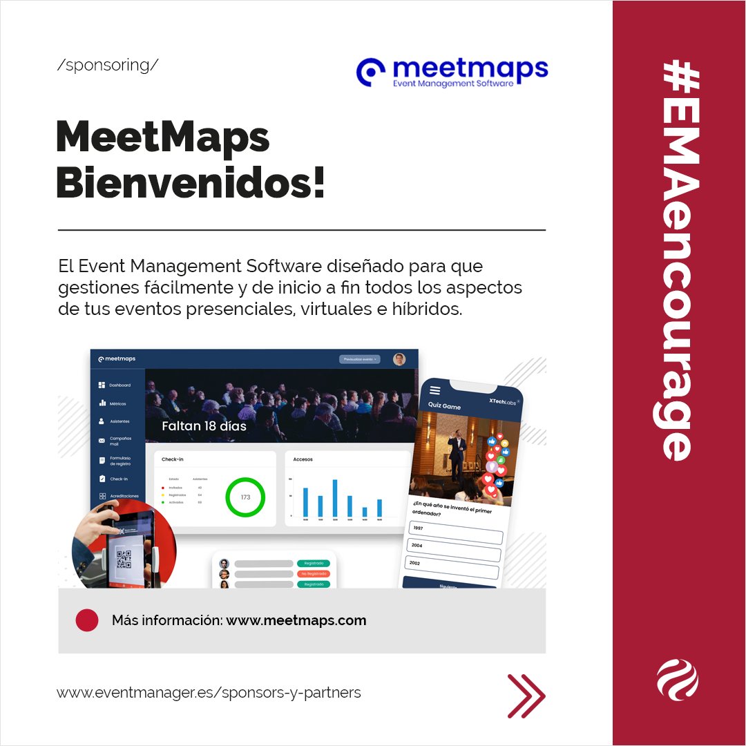 eventmanager_es's tweet photo. 🤗 Acabamos la semana dando la bienvenida a nuestro nuevo sponsor bronce: #MeetMaps. 👉🏻 @MeetMaps te ofrece la tecnología de eventos para todos los formatos: Presenciales, híbridos y virtuales. Todo lo que necesitas para llevar tu evento a otro nivel, ¡en una sola plataforma! https://t.co/DgCWrviYjj