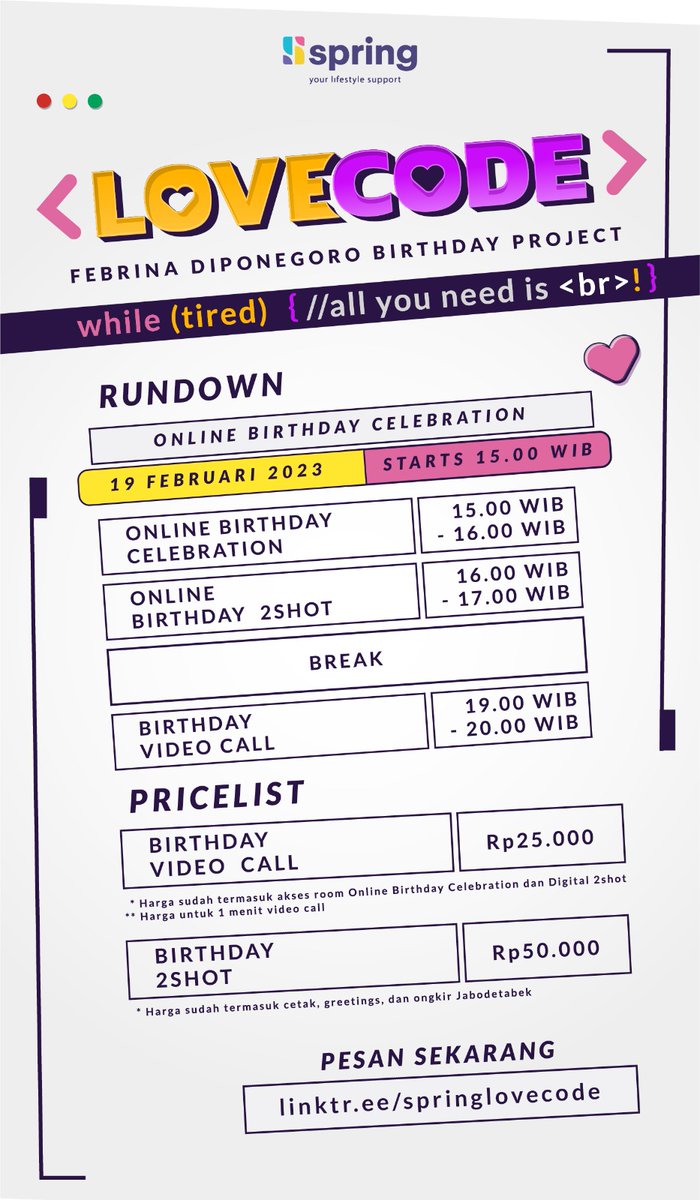 [INFO]

Meet n Bri special Febrina Diponegoro's Online Birthday Celebration 🎊

Ini dia info A1 rundown Meet n Bri! Kunci jawaban dari pertanyaan teman-teman ada di poster berikut👇

Masih kurang menjawab? Boleh langsung DM kami
Mau langsung check out👇
linktr.ee/springlovecode