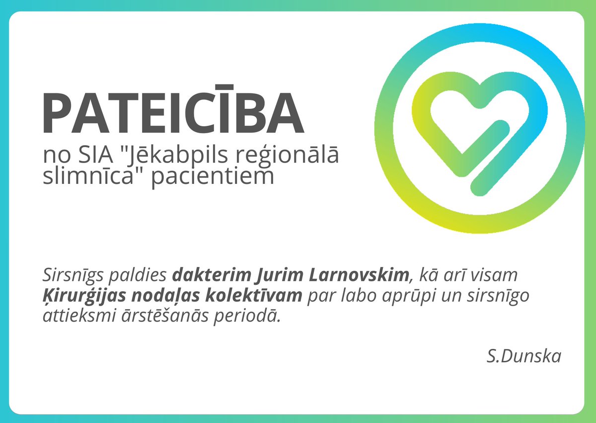 🙏 Paldies mūsu pacientei par pateicību mūsu mediķiem!

📌 Atgādinām, ka mūsu mājas lapā iespējams nosūtīt pateicību, ierosinājumu, atsauksmi, kā arī sūdzību: jrslimnica.lv/atsauksmes/