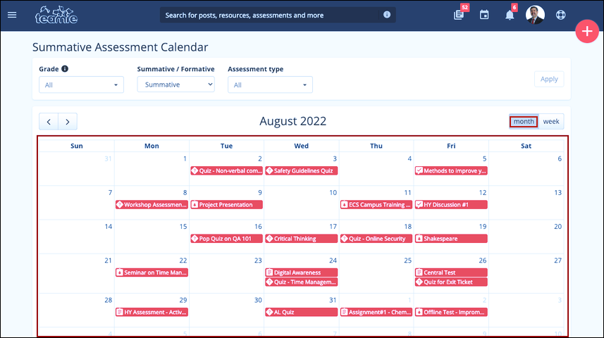 TheTeamie's tweet photo. Streamline assessment management with #Teamie! Instructors & administrators can have a bird's eye view of all published summative assessments from the Summative Assessment Calendar for efficient management. #InnovativeEdTech #LMS
Read more here: https://t.co/r5AQJUh92p https://t.co/FzcaJ5tHQl