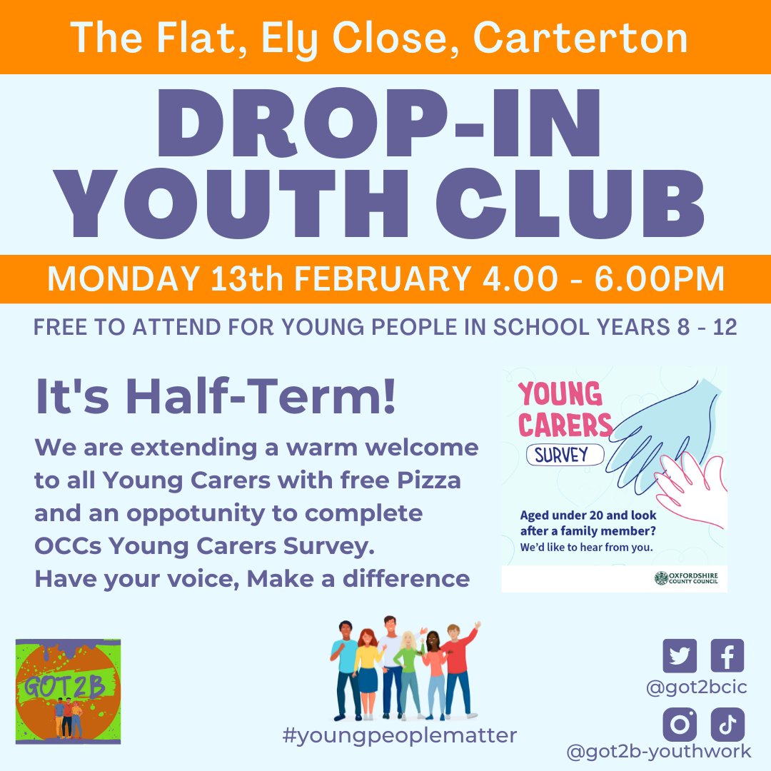 #YoungCarers are always welcome at our #YouthClubs. This Monday we are extending a special warm welcome with Pizza to enable Young Carers to come and complete the latest Oxfordshire County Council #YoungCarersSurvey. Come use your voice, have your say and make a difference!