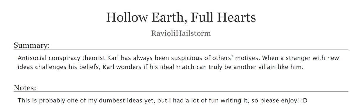 RavioliHails's tweet photo. I posted a story for the #SoCExchange hosted by @lasciviess ! (Thank you, Ess!)
"Hollow Earth, Full Hearts" - a KarlNap story with fluff & humor (no angst), 5.3k words, rated for teen & up audiences
This was a gift for @chaotic_arii ! The link is here: https://t.co/Cxx9mI4oRP https://t.co/6yZxN067EO