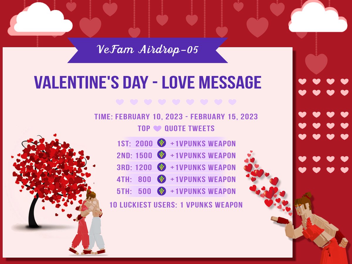 vefamofficial's tweet photo. 🔥VeFam Airdrop-05🔥
❤️Valentine's Day- Love Message❤️
Time: 10/02/2023-15/02/2023
Task:
1️⃣ Follow:
@vefamofficial
@dthorofficial
@vpunksofficial
2️⃣ ❤️ &amp; quote tweet
3️⃣Tag 3 friends and your "Love Message"
Reward 👇
Discord: https://t.co/nuam2rXw3d
#VeFam #Dthor #VPunks #VeChain https://t.co/9GPbdgePnW